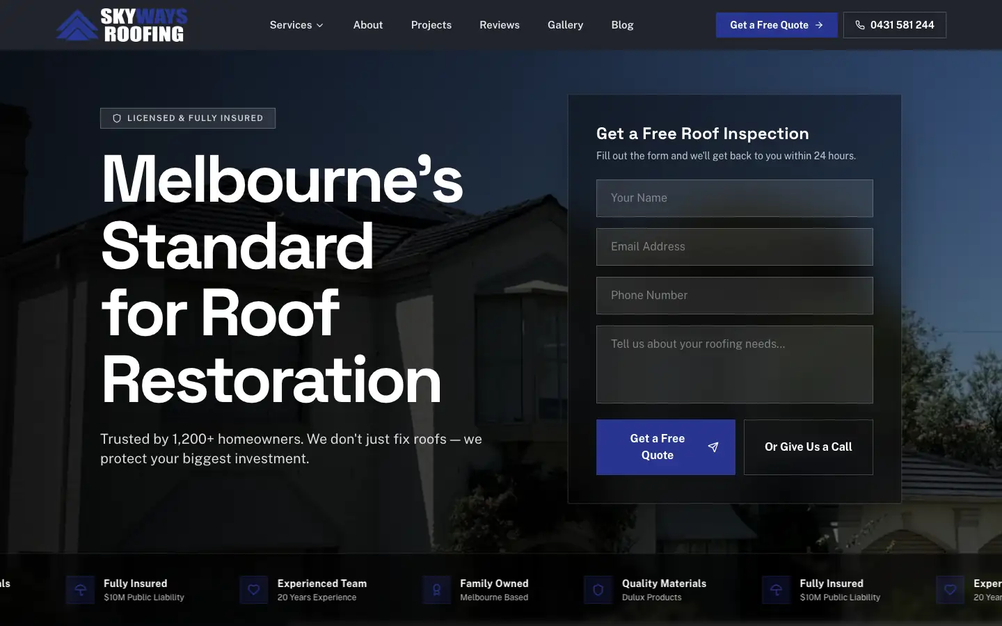 The new Skyways Roofing homepage on desktop, showing the free roof inspection form, call button and trust bar above the fold